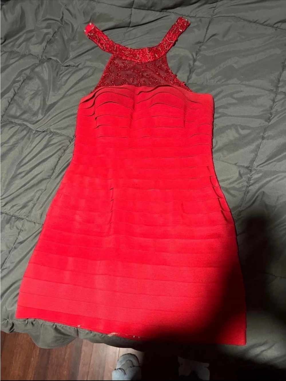 Sherri Hill Red Halter Bandage Dress with Beaded Yoke